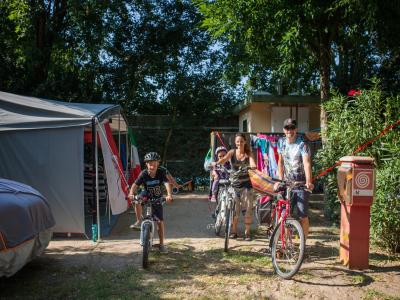 Famiglia in campeggio con biciclette, sole e natura.