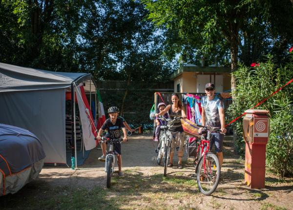 Famiglia in campeggio con biciclette, sole e natura.